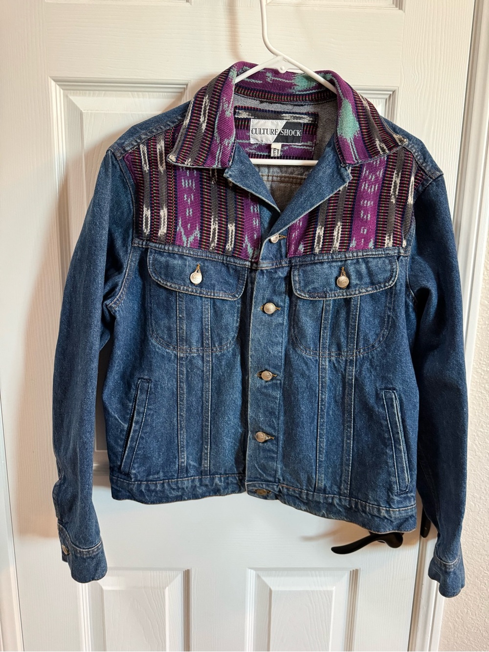 Vintage Culture shock Guatemala  Blue Denim Jean Jacket with Purple Patterned